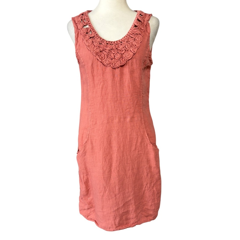 Blu Orchid Dress Womens S Pink Linen‎ Shift Ruffle Scoop Neck Pockets Italy